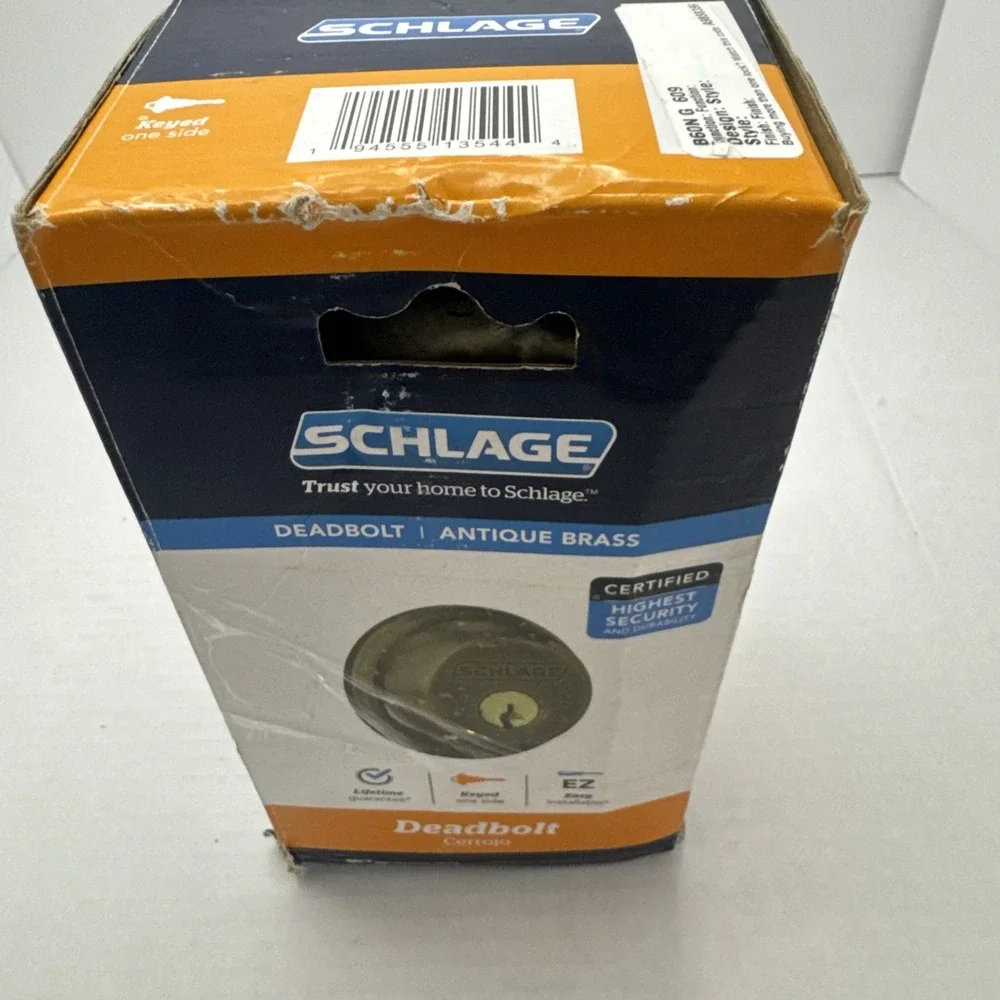 SCHLAGE‎ B60N G 609 Single Cylinder Antique Brass Deadbolt Keyed One Side
